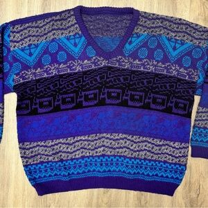 Vintage 90s Geometric Knit V-Neck Sweater Men’s L